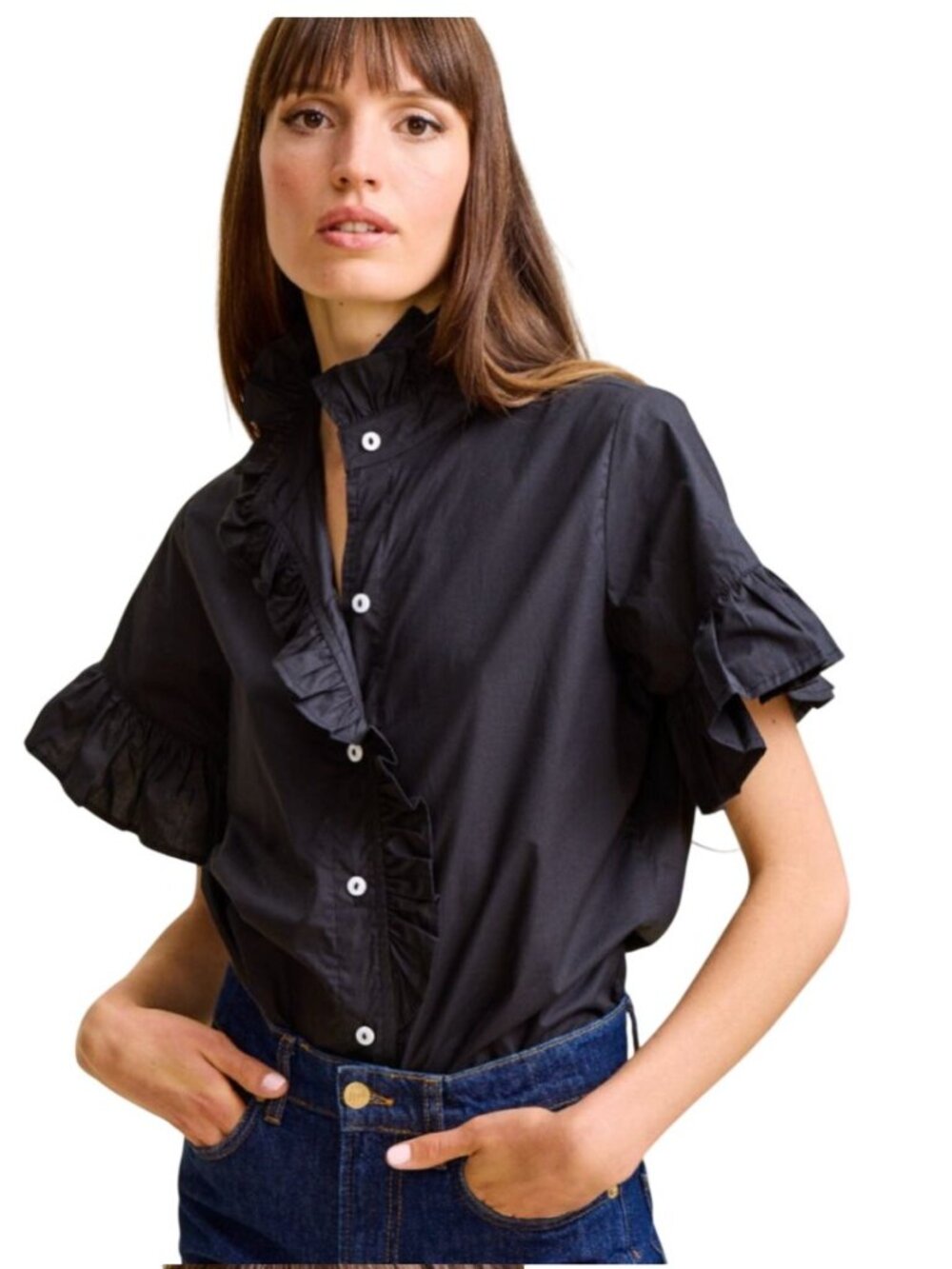 Millie Vanessa Top Black Button Down Ruffles - Size S
